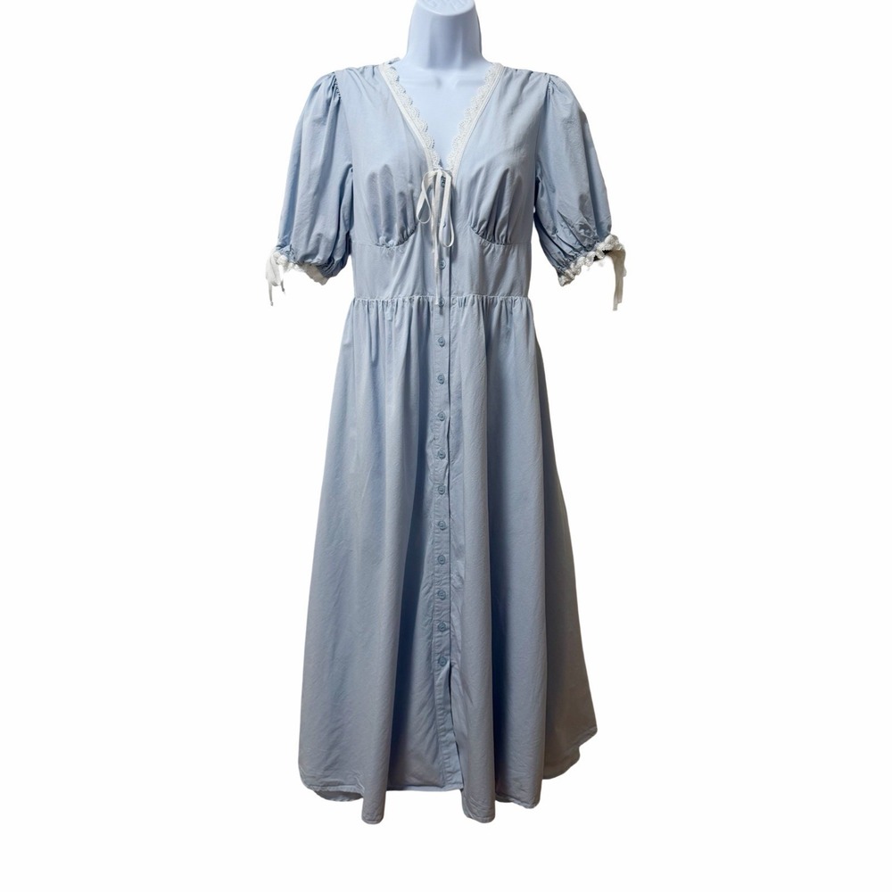 Bohme Romy Lace‎ Trim Milkmaid Button Front Bow Midi Dress Size M Blue Cottage